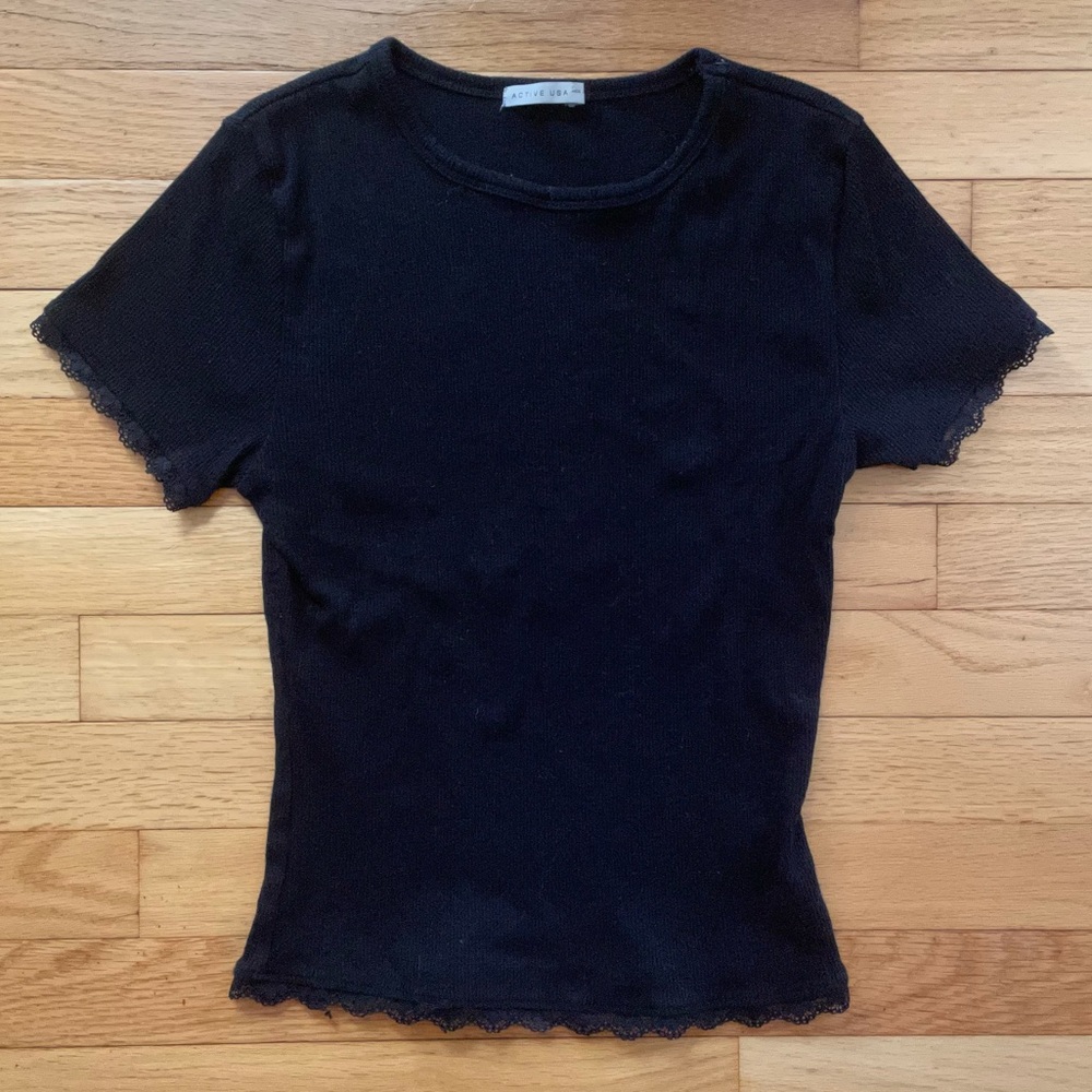 Active USA Black Lace Short Sleeve Top
